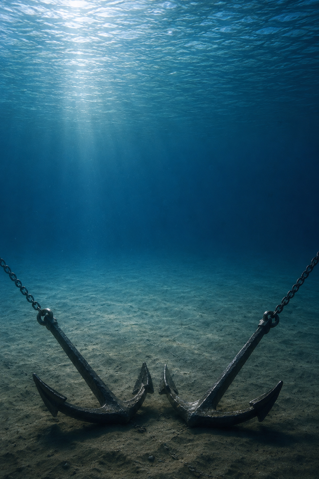 Dos anclas en el lecho marino bajo rayos de luz, escena submarina de Felices los náufragos